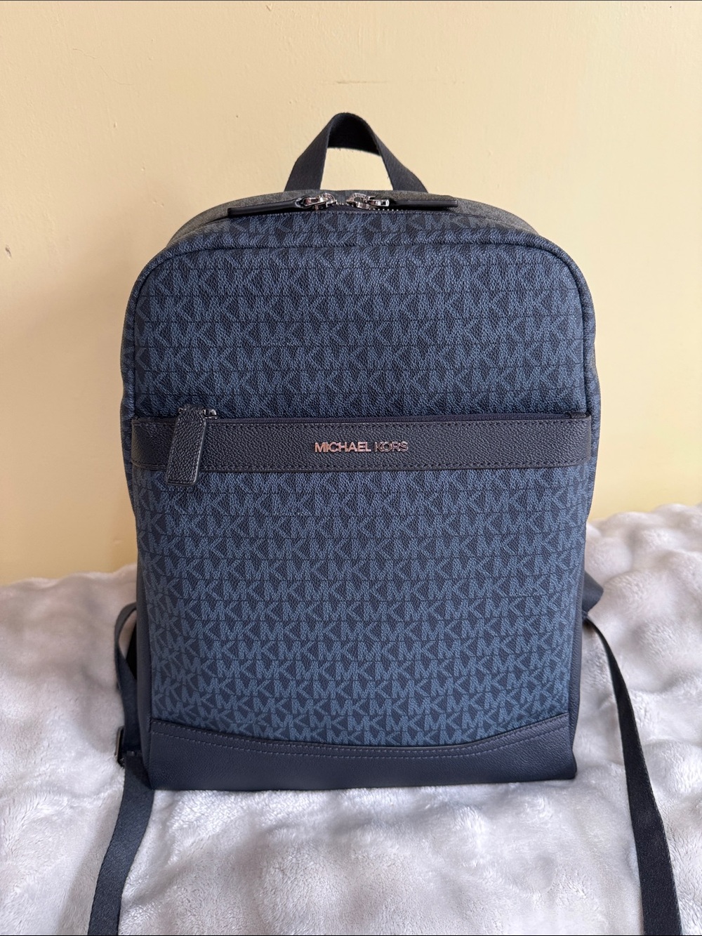Michael Kors Blue MK Signature Backpack with Leather Trim
